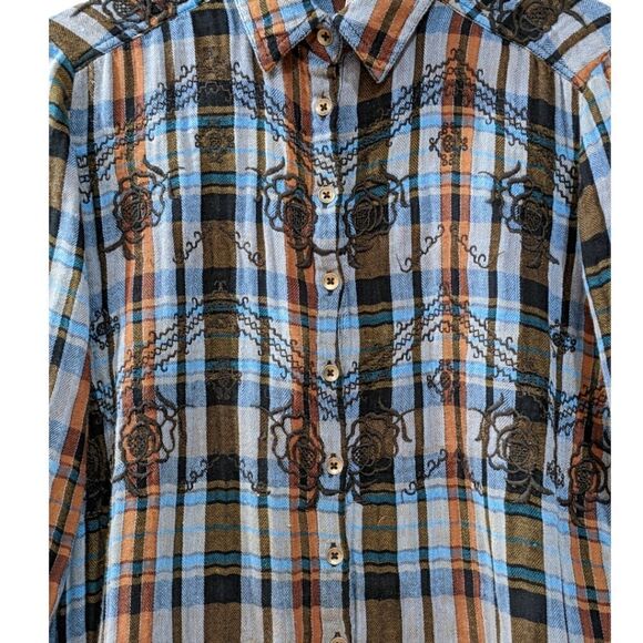 Free People Women's Western Plaid Ruffle Cotton Casual Button Down Shirt Sz XS - Picture 3 of 6